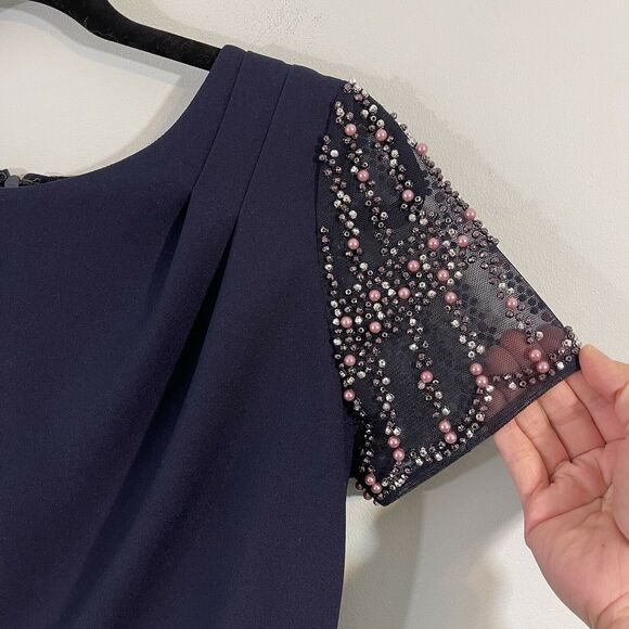 Xscape Women's Navy Short Sleeve Pearl Embellished Sheath Dress Size 4 - Picture 5 of 8